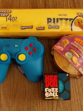 Large Squishy Lot 14 Oz Butter, Game Controller, Dumpling & Needoh Fuzz Ball